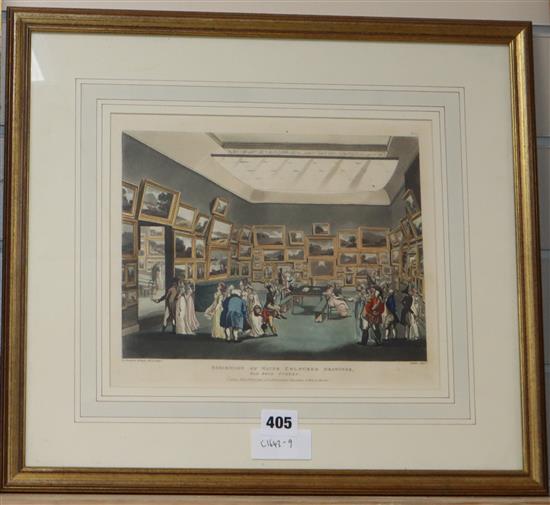Thomas Rowlandson & Augustus Pugin, coloured aquatint Exhibition of Water Colour Drawings, Old Bond Street, 1808 24 x 28cm